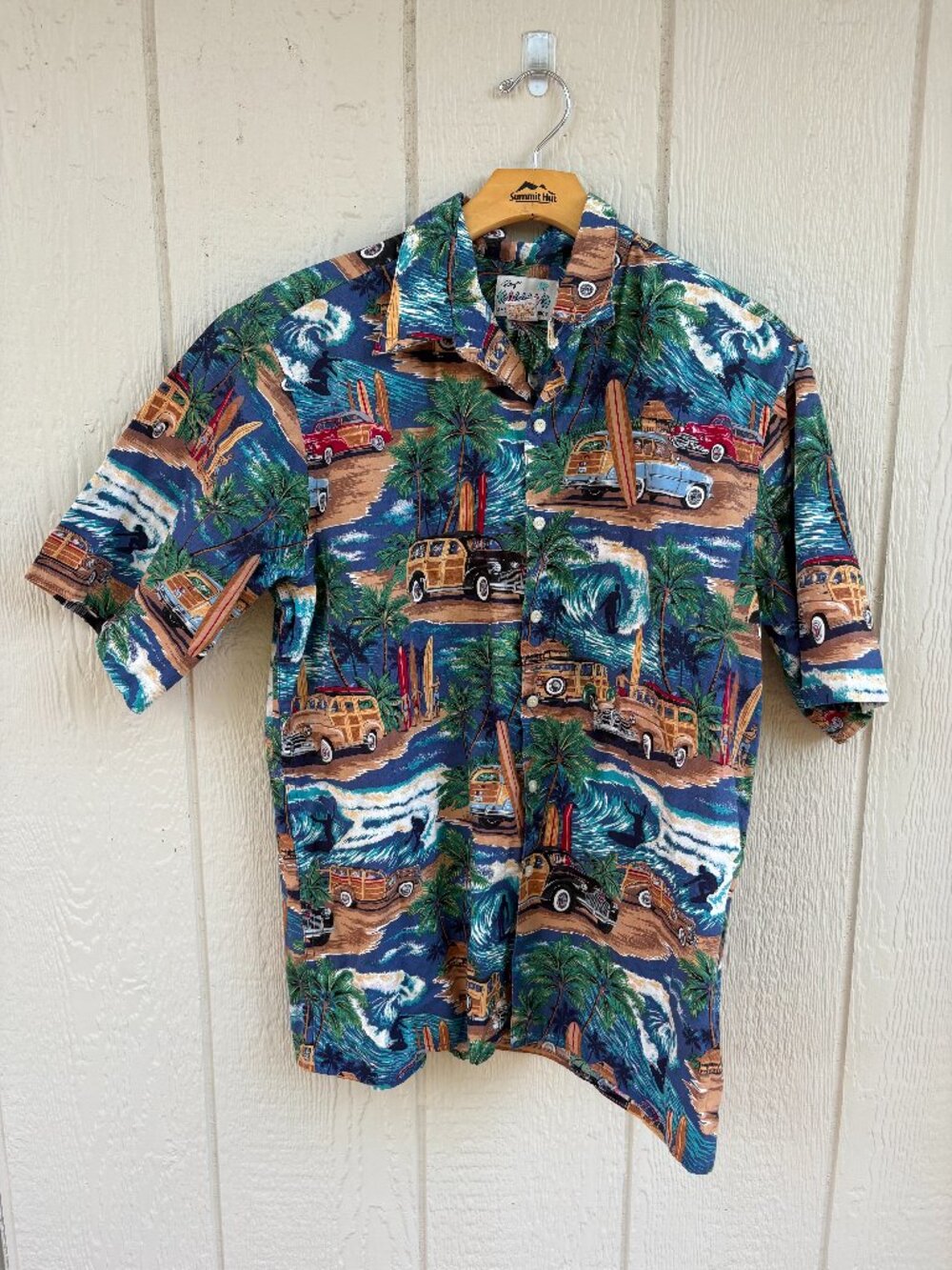 Reyn Spooner American Classics Hawaiian Shirt Men's Medium Blue Surf Woody Wagon